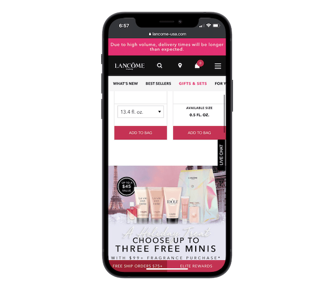 The Lancome progressive web app uses a hamburger menu in the top-right corner to aid visitors in navigation.