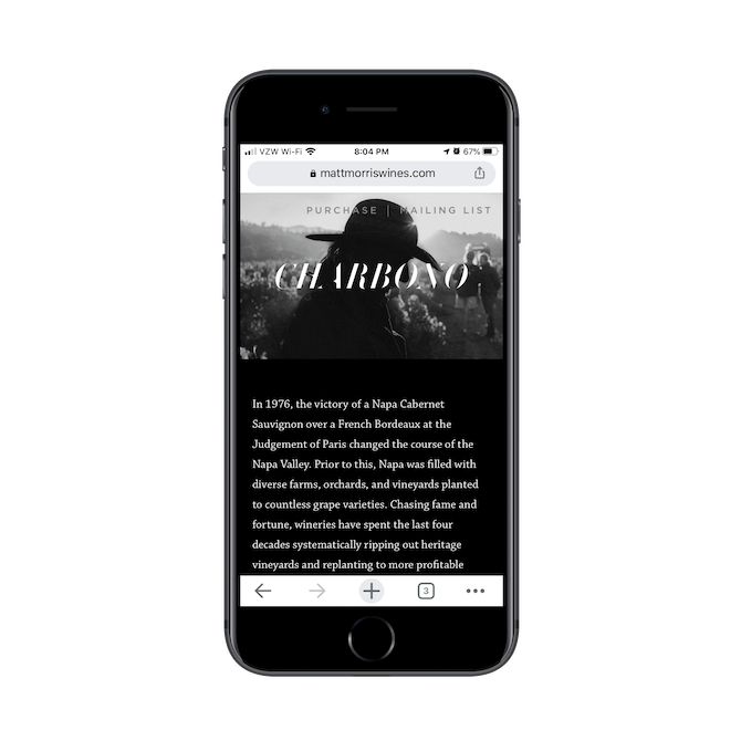 This is the mobile website for vintner, photography, and filmmaker Matt Morris.