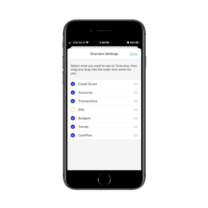 Mint users can customize which modules appear in their main dashboard. They can activate/deactivate Credit Score, Accounts, transactions, Bills, Budgets, Trends and Cashflow.