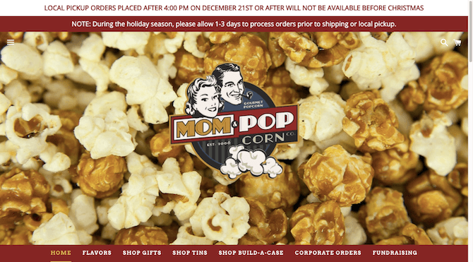 The Mom & Popcorn website balances images of its popcorn products with vintage-styled fonts, banners and logos.