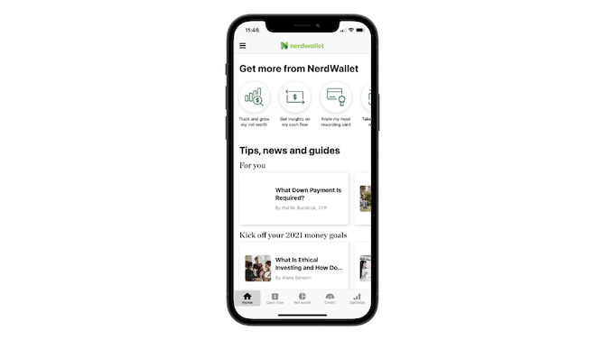 The Home tab of the NerdWallet app is overloaded with information: links to the money manager areas of the app as well as tips, news and guides links.