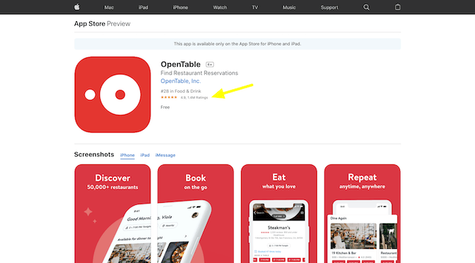 OpenTable has received 1.4 million user ratings in the Apple app store for a cumulative score of 4.9 out of 5.0.