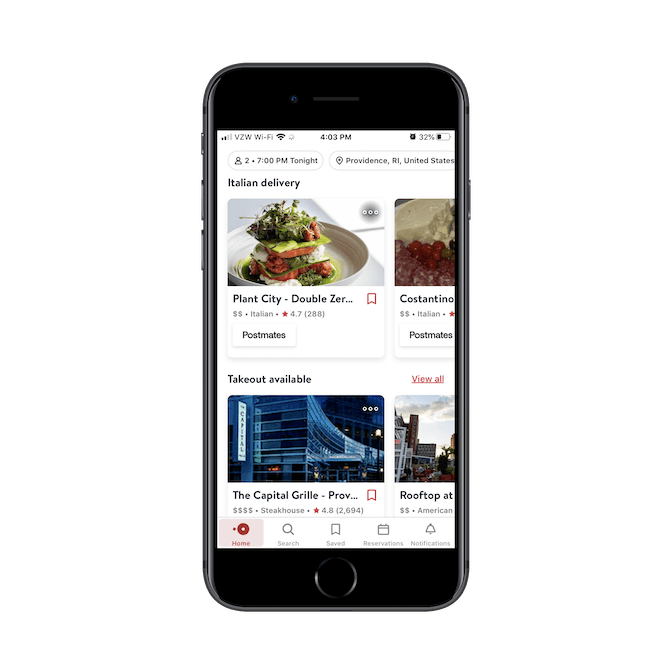 OpenTable mobile app displays organic restaurant search results based on the user’s query and displays relevant categories like ‘Italian delivery’ and ‘Takeout available’.