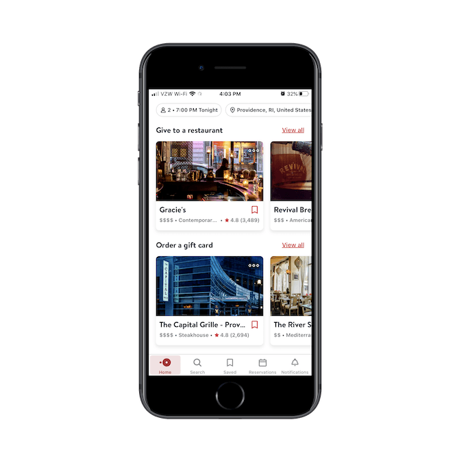 OpenTable displays matching restaurant results based on a hierarchy of user needs. Restaurant reservations appear first with things like ‘give to a restaurant’ and ‘order a gift card’ appearing closer to the bottom.