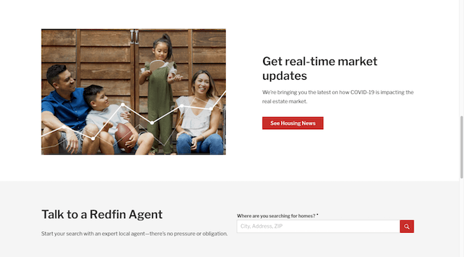 The Redfin home page leaves the navigation bar affixed to the top of the site. Visitors have to scroll back to the top of the page to find it.