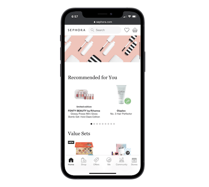 The Sephora website uses a bottom-aligned navigation that includes links to Home, Shop, Offers, Me, Community, and Stores.