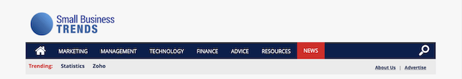 The Small Business Trends website uses a traditional, fully visible navigation which includes links for Home, Marketing, Management, Technology, Finance, Advice, Resources, and News.