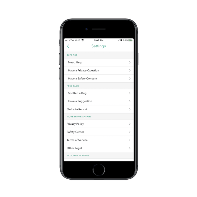 Snapchat settings give users access to privacy, safety and terms of use policies. It also enables them to get support when they feel that their privacy, security or experience has been compromised.