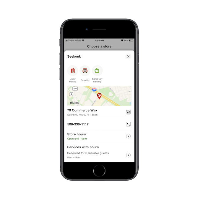 Target displays a map and information for its store in Seekonk, MA. It also provides details on services available, including order pickup, drive-up, same-day delivery.