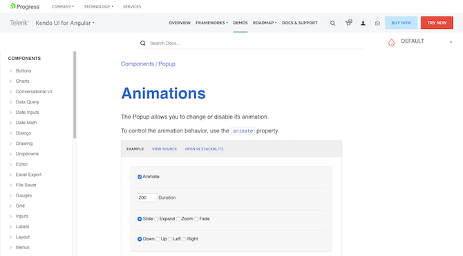 The Telerik Kendo guides provide demos and instructions on how to create animations for each of their components.