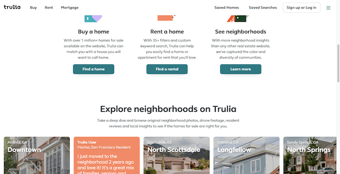 The Trulia home page uses a fixed, or sticky, navigation which makes it easier for visitors to navigate to other parts of the site.