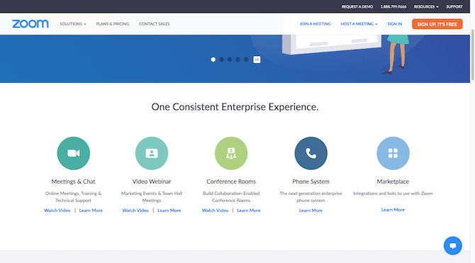 A section on the Zoom homepage that breaks down how the software provides one consistent enterprise experience with Meetings & Chat, Video Webinar, Conference Rooms, Phone System and Marketplace.