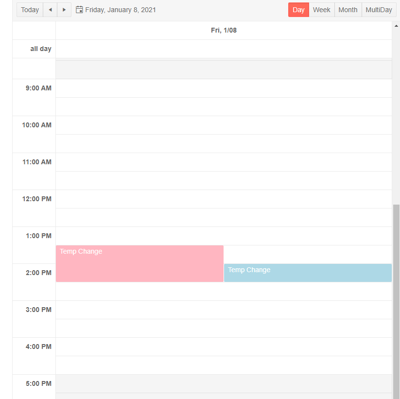 Scheduler showing times before 9am and after 5pm in reverse video, times in between in normal video