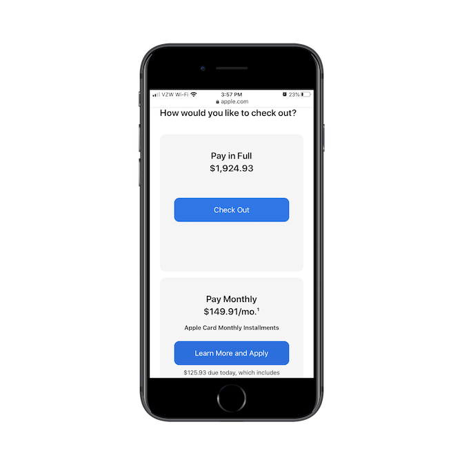 At checkout, Apple users are given the option to pay in full and "Check Out" or pay monthly and "Learn More".