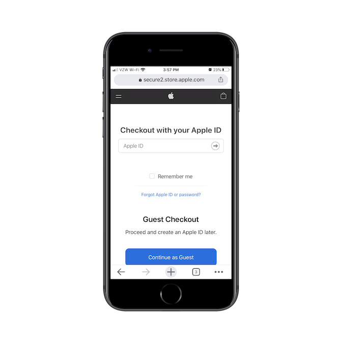 Apple asks customers to checkout with their Apple ID or to continue as a guest.