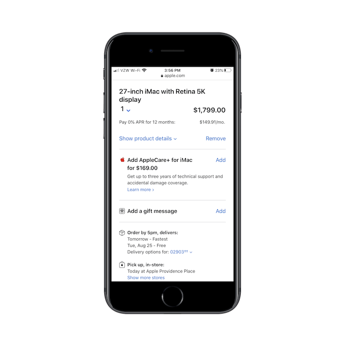 Apple’s mobile checkout process starts with a "Review order" page where all details about the item (like the 27-inch iMac with Retina 5K display) are laid out along with shipping options.