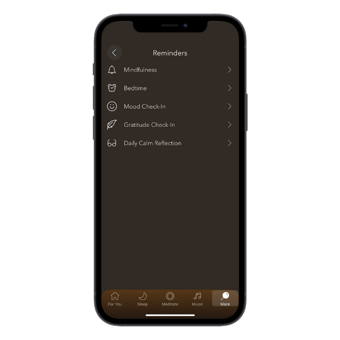 Calm mobile app reminder scheduling for Mindfulness, Bedtime, Mood Check-In, Gratitude Check-In, Daily Calm Reflection.