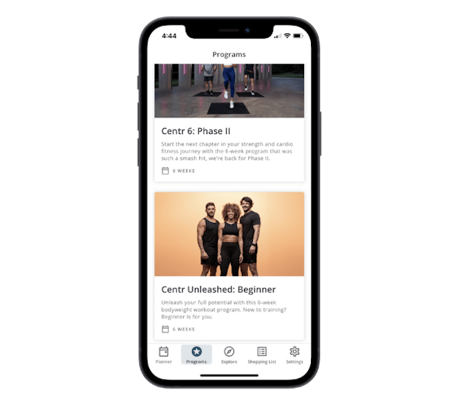 The Centr mobile app has a clean design, with a solid white background and sharp pops of color to call attention to its workout programs and content, like the Centr 6: Phase II and Centr Unleashed: Beginner.