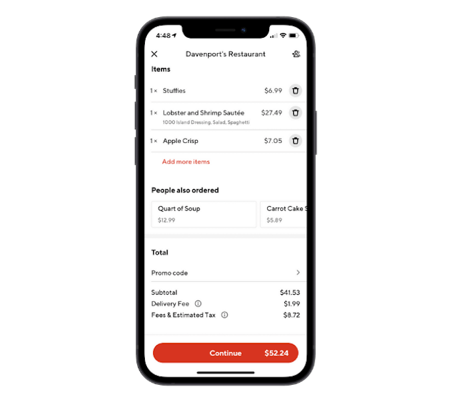 The DoorDash app includes a breakdown of the fees associated with orders: order subtotal, delivery fee, fees & estimated tax.