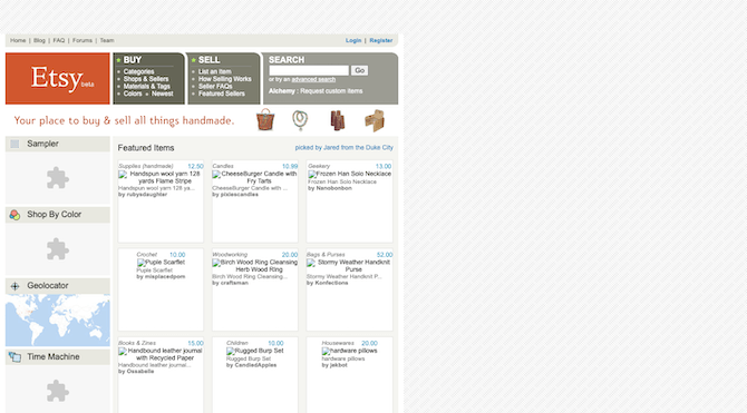The Etsy beta website just after launch with an unresponsive layout, numerous navigation bars and Flash players.