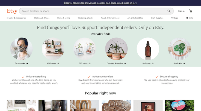 The Etsy website in 2020 is a beautiful marketplace with an oversized search bar, intuitive navigation and attractive design.