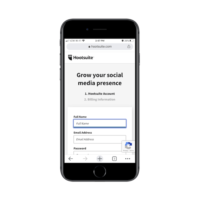 Hootsuite asks new mobile users to create an account, entering their Full Name, Email Address and creating a Password.