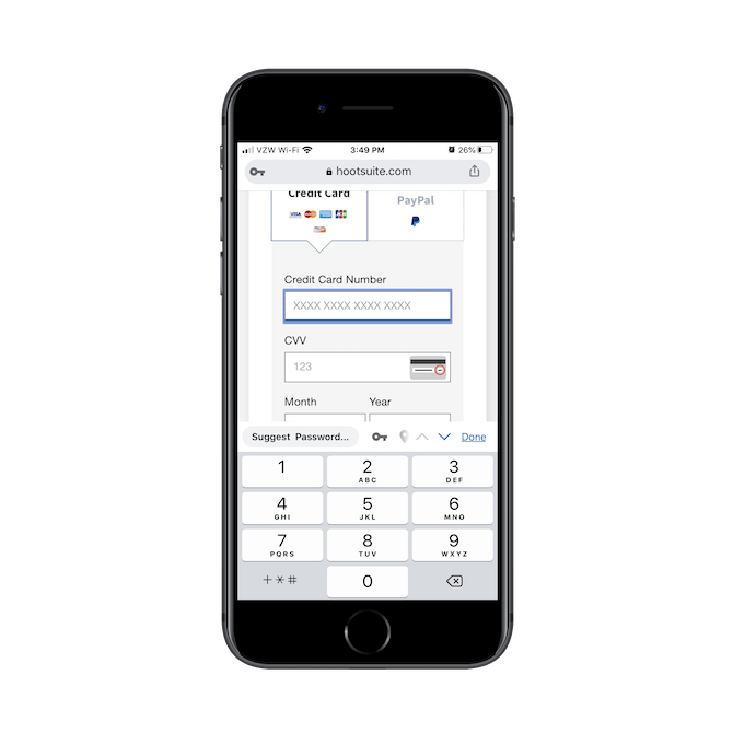 Hootsuite’s signup form adjusts the keyboard as users move between fields. For the Credit Card Number field, they’re shown the numeric keypad.