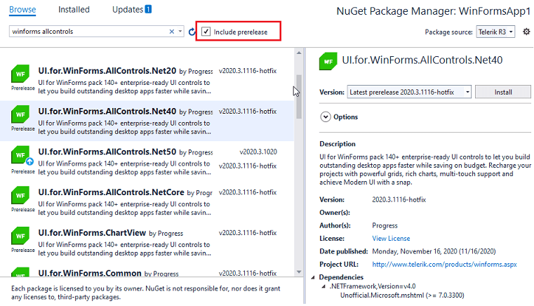 Installing the Latest Internal Builds via NuGet for Telerik UI for WinForms, by selecting the "Include prerelease" checkbox.