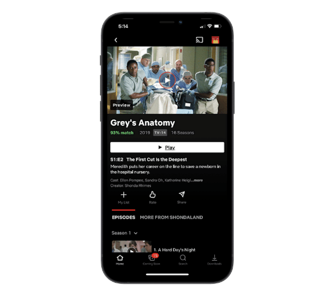 The Netflix app includes a match percentage based on the user’s ratings of other shows or movies as well as their watch habits. Grey’s Anatomy gets a 93% match for this user.