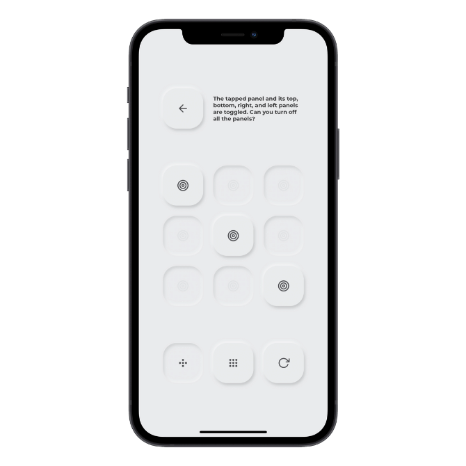 The simply designed Neumorphism mobile game uses a soft interface design with depressed and embossed buttons.