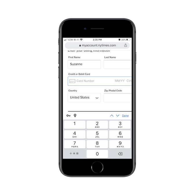 When New York Times subscribers reach a field like “Credit or Debit Card” in the checkout form, the field opens the numeric keypad.