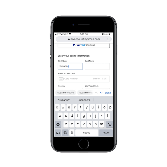 When New York Times subscribers reach a field like "First Name" in the checkout form, the field opens the alpha keyboard.