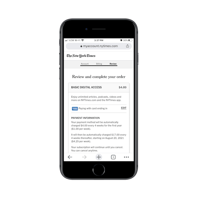 The New York Times’s order review page on mobile succinctly sums up the digital subscription details and costs.