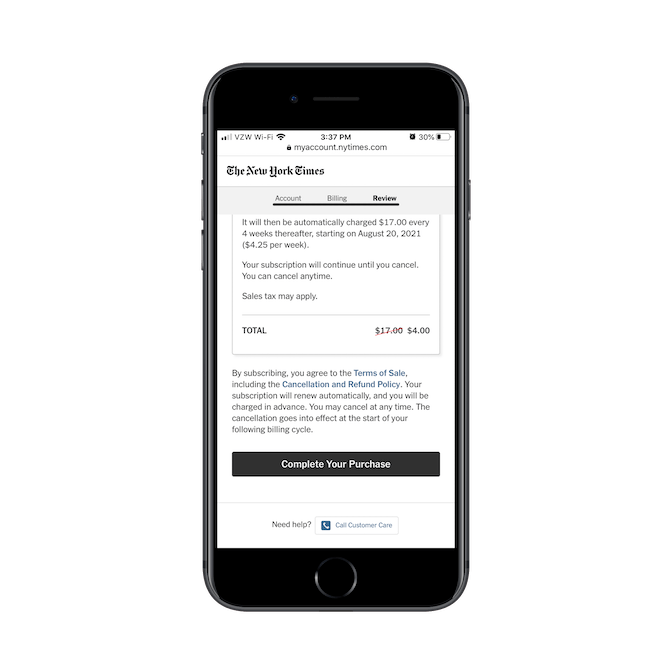 The New York Times gives subscribers one more chance to review the Terms of Sale as well as the Cancellation and Refund Policy before they complete their purchase.