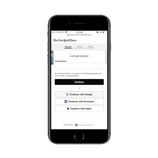 The New York Times asks mobile subscribers to create an account with their email or through their Google, Facebook or Apple login.