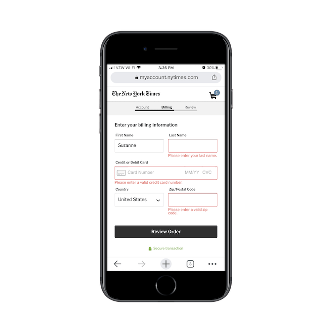 The New York Times subscription form only displays errors after a new subscriber tries to click “Review Order” and move onto the next screen.