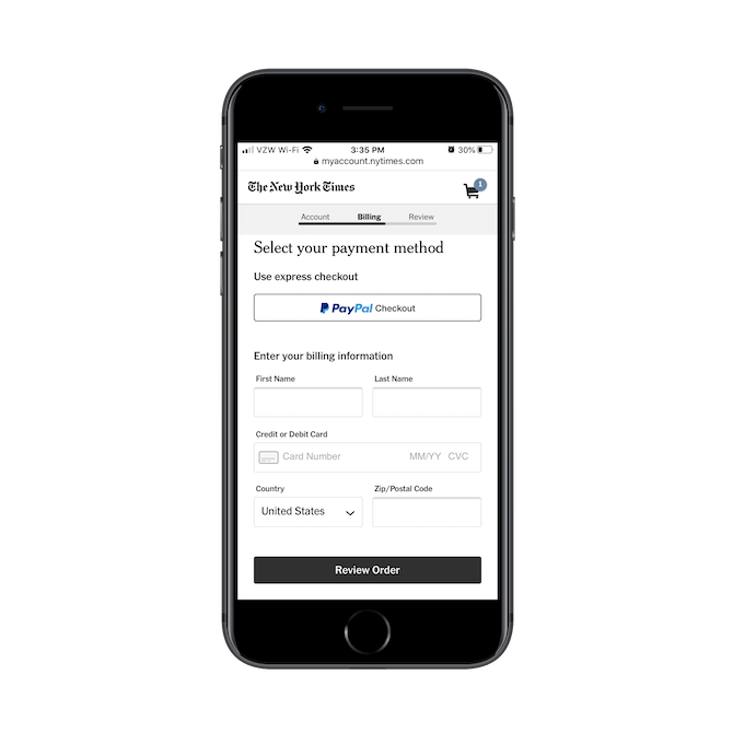 New York Times subscribers can use express checkout with PayPal Checkout or they can input their billing information from-scratch.