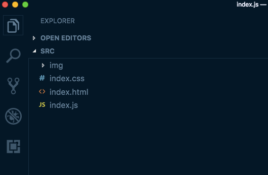 Explorer lists Open editors and SRC. Under SRC are img, index.css, index.html and index.js