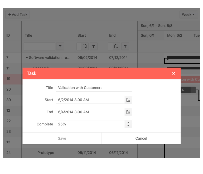 KendoReact Gantt Component - Editing