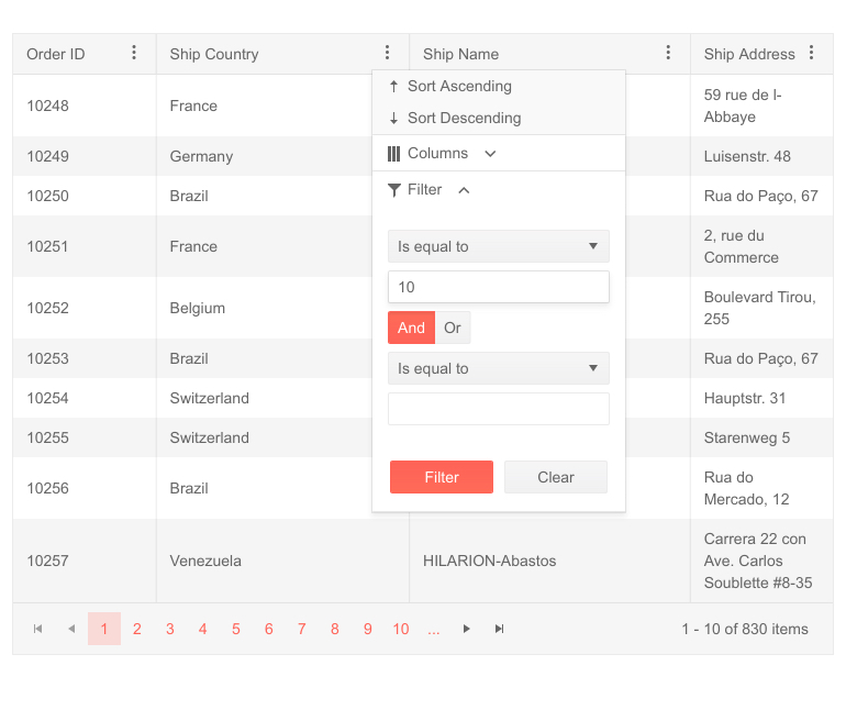 Kendo UI for jQuery Grid - Updated Column Menu Design