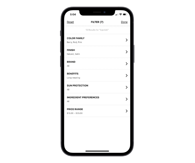 Sephora’s mobile app includes lipstick filters for color family, finish, brand, benefits, sun protection, ingredient preferences and price range.