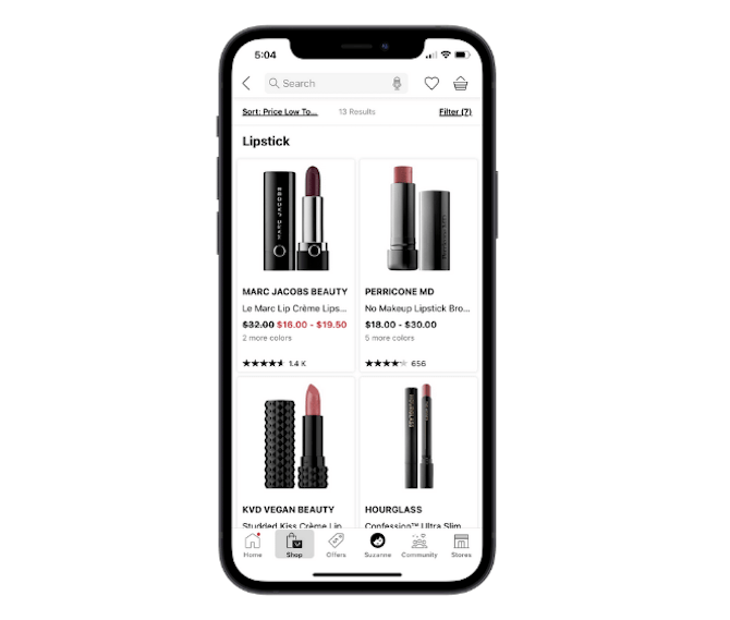 Sephora’s mobile app uses a large product card design to show no more than 4 products at once. This one shows us lipsticks from Marc Jacobs Beauty, Perricone, MD, KVD Vegan Beauty and Hourglass.