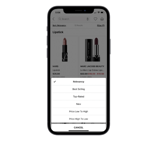 Sephora’s mobile app allows users to sort by Relevancy, Best Selling, Top-Rated, New, Price Low to High, and Price High to Low