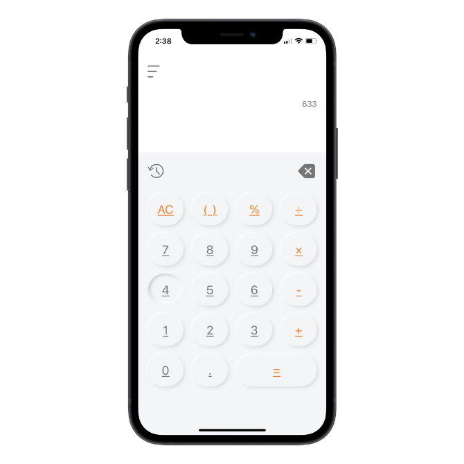 The Soft Calculator mobile app uses a neumorphic design: mostly all-gray UI color with a soft button design—including a mixture of depressed and embossed buttons.