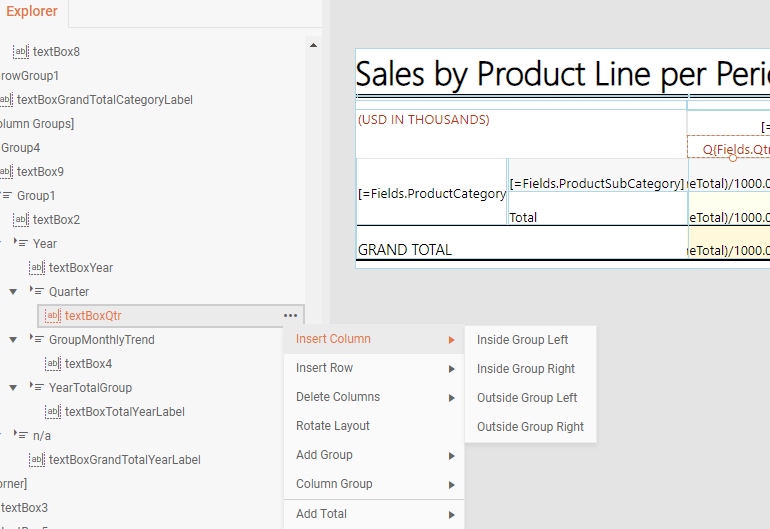 The new Table Context Menu Commands available in Telerik Reporting