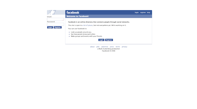 The Facebook website back in 2006 when it was just a simple online directory that connected people through social networks.