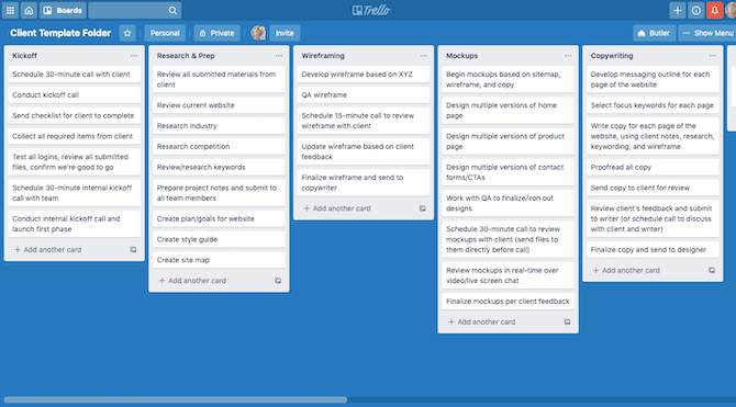 A sample Trello folder for a web design project, with boards for kickoff, research & prep, wireframing, mockups and copywriting.