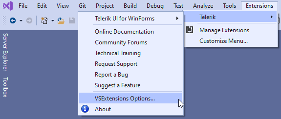 Selecting Telerik UI for WinForms Visual Studio Extensions Options from the Extensions menu in Visual Studio.