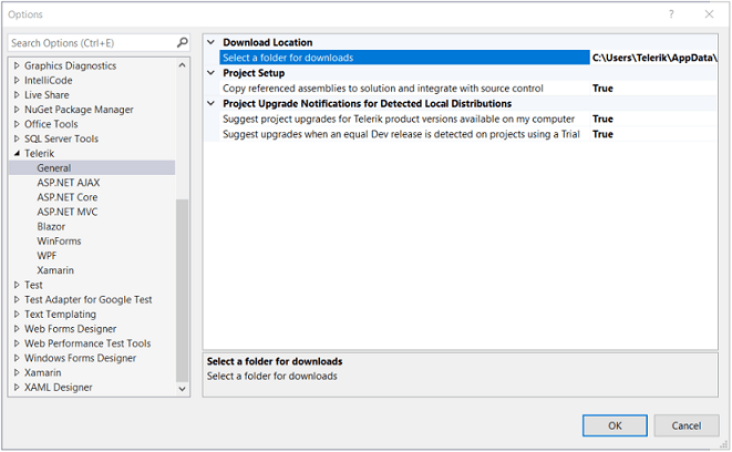 Showing the Telerik UI for WinForms Visual Studio Extensions Options in Visual Studio.