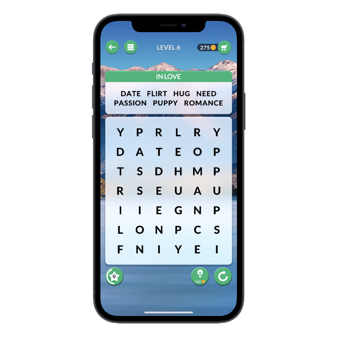 The Wordscapes Search mobile app has a Material Design-like style with bright green buttons, layered UI elements, and big and bold animations.